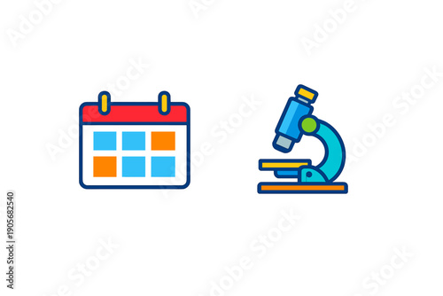 This image displays two flat design icons: a calendar with red and blue accents and a blue microscope, both isolated on a black background for scientific scheduling.