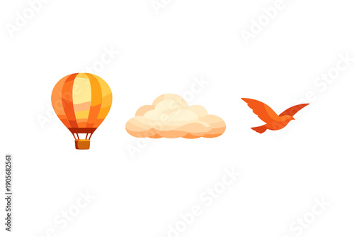 A collection of orange and yellow icons featuring a hot air balloon, a soft cloud, and a flying bird silhouette, all presented on a dark black background.