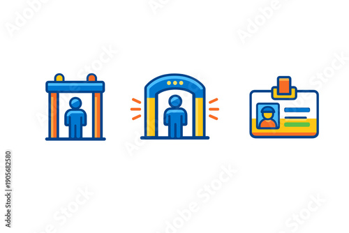 A set of three security-themed icons including a walk-through metal detector, an arched scanner with alarm signals, and a personal identification card with a photo on a black background.
