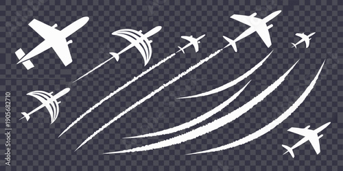 A collection of various stylized vapor or smoke trails, rendered in white against a dark, transparent background. The elements are diverse in shape and orientation, displaying curves, straight lines, 