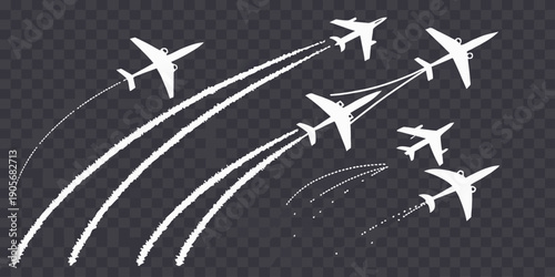 A collection of various stylized vapor or smoke trails, rendered in white against a dark, transparent background. The elements are diverse in shape and orientation, displaying curves, straight lines, 