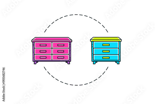 This vibrant graphic shows a pink six-drawer dresser and a blue three-drawer chest of drawers side by side inside a dashed white circle on a dark black backdrop.