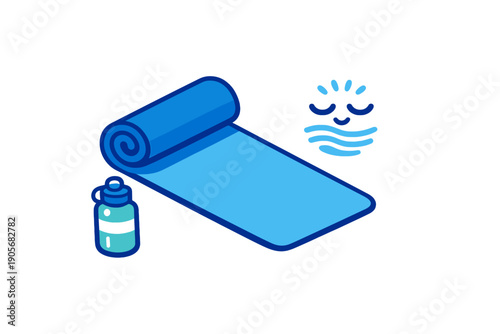 This flat illustration features a blue yoga mat, a water bottle, and a stylized face with closed eyes and wavy lines representing meditation, all set against a black background.
