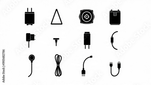 Electronic Connectors and Components Icons, Technology Hardware Vector Set, Warning and Audio Device Graphics, Electrical Engineering Symbols

