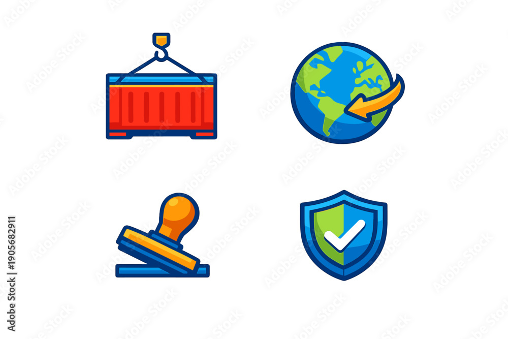 Fototapeta premium A set of four colorful icons representing global logistics and shipping services, including a cargo container, a globe with an arrow, a rubber stamp, and a security shield with a checkmark.
