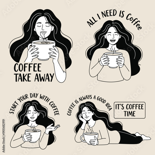 Illustration of a woman enjoying coffee with multiple repeating designs and text
