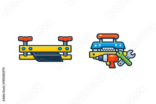 Two stylized cartoon icons featuring industrial tools. One shows a yellow clamp holding dark material, while the other displays a power drill, a wrench, and mechanical equipment.