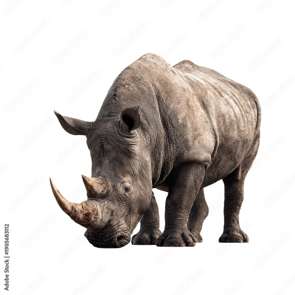 Obraz premium PNG of A close-up of a majestic rhinoceros grazing peacefully on the grass.