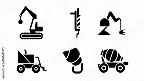 Construction Tools Icons, Cement Mixer and Jackhammer Vector Set, Industrial Building Equipment Graphics, Worksite Machinery Symbols

