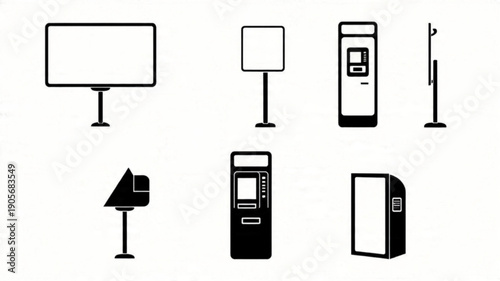  Square Display and Kiosk Icons,Outdoor Advertising and ATM Icons, Digital Billboard and Kiosk Vector Set, Public Display and Service Machines, Urban Information and Banking Symbols

