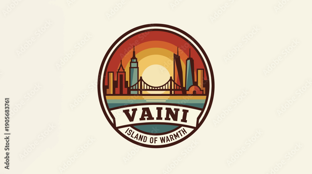 Obraz premium Retro badge design featuring the Vaini island skyline at sunset, with a warm orange glow reflecting on the water, evoking a sense of tranquility and belonging for island destinations