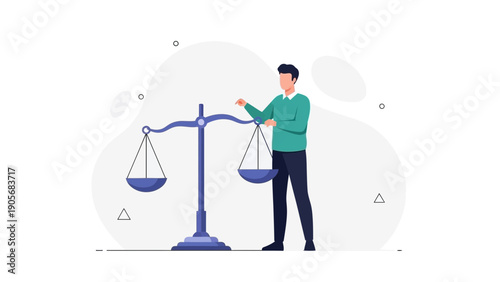 Man balancing scales of justice, concept of law, decision making, and fairness