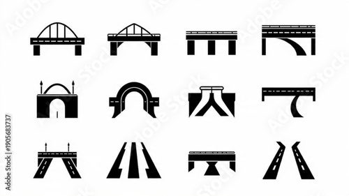 Modern Bridge Icon Set
Bridge Construction and Architecture Icons
Various Bridge Types Silhouette Collection
Infrastructure Bridge Vector Icons

