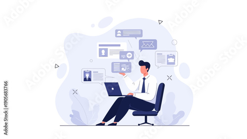 Man working on laptop with notifications and messages flying around