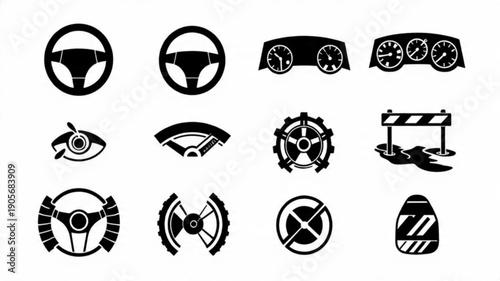 Titles: Car Dashboard and Steering Wheel Icons, Automotive Parts Vector Set, Speedometer and Gear Icons, Black Silhouette Auto Controls

