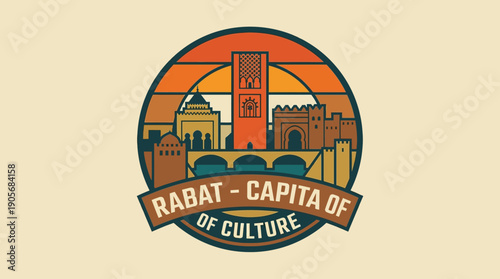 Rabat - Capita of Culture Vibrant cityscape illustration featuring iconic architecture and a retro sunset design, celebrating Moroccan heritage and artistic spirit