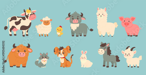 farm animals bundle with cow pig sheep chicken dog and cat vector illustration.