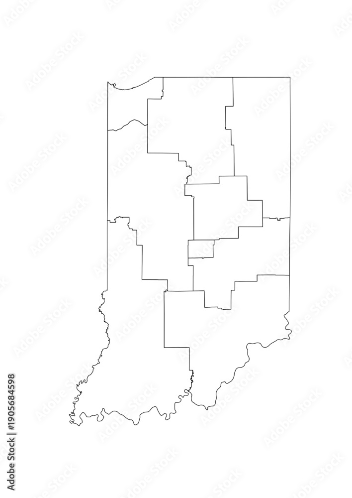 Obraz premium Indiana Congressional Districts Map 119th Congress Vector Illustration USA House of Representatives Electoral Boundaries 2026 Voting Precincts Government Data Vis Black White Outline Transparent Carto