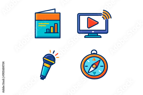 This collection features four vibrant flat icons: a data presentation folder, a digital screen with a play symbol, a professional microphone, and a navigational compass.