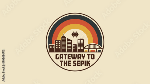 Gateway to the Sepik A Retro-Inspired Emblem Showcasing a Cityscape with a Bridge and Rainbow, Evoking a Sense of Adventure and Travel