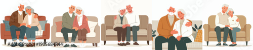 vector of a old couple hugging affectionately on sofa