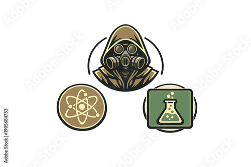 This vector graphic shows a person in a gas mask and hood centered between an atom model and a bubbling laboratory flask, all set against a dark background in a muted color scheme.