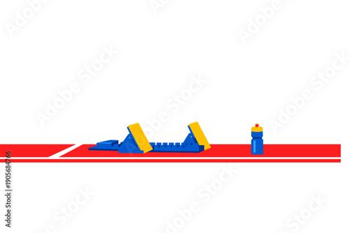 This flat vector illustration features blue and yellow starting blocks and a blue water bottle positioned on a red running track surface against a solid black background.