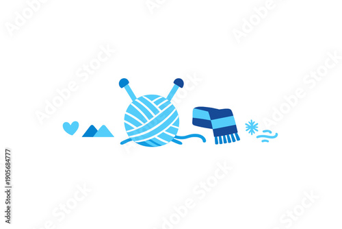 A blue illustration on a black background featuring a ball of yarn with knitting needles, a striped scarf, a heart, mountains, a snowflake, and wind symbols in a flat style.
