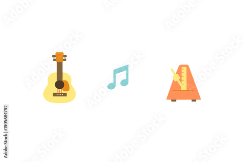 A flat vector illustration featuring a yellow acoustic guitar, a blue musical note, and an orange metronome arranged horizontally against a solid black background.