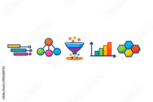 A set of five colorful business and data analysis icons featuring a horizontal bar chart, a network diagram, a sales funnel, a vertical bar graph, and a hexagonal grid on a black background.