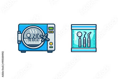 A blue dental autoclave machine sterilizing tools and a sealed sterilization pouch with dental instruments are shown in a flat illustration style on a dark background.