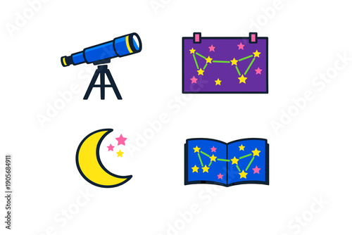 A collection of four astronomy icons including a blue telescope, a constellation map, a yellow crescent moon with stars, and an open book featuring star patterns on a black background.