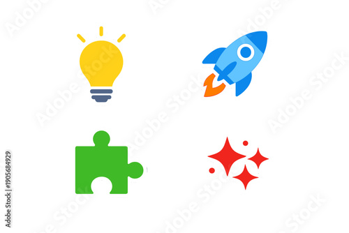 A set of four colorful icons featuring a yellow lightbulb, a blue rocket ship, a green puzzle piece, and red sparkles, all presented with white borders on a solid black background.