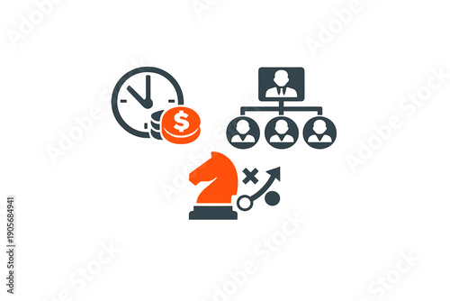 This flat vector illustration displays business concepts including time management, financial resources, team hierarchy, and strategic planning using stylized icons.