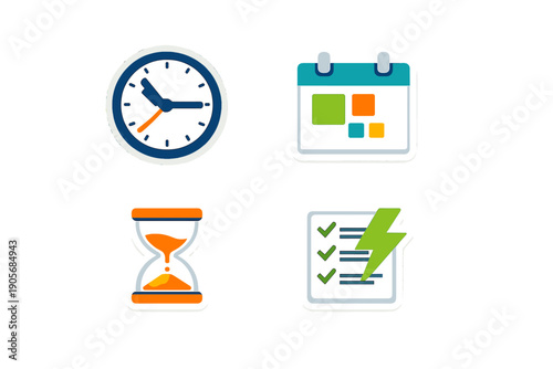 A set of four productivity icons featuring an analog clock, a calendar, an hourglass with orange sand, and a checklist with a green lightning bolt on a black background.