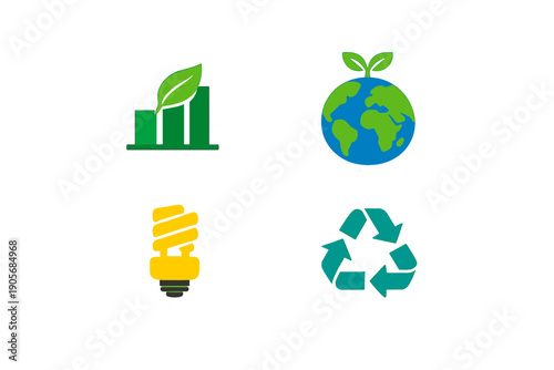 A set of four environmental icons including a green bar chart with a leaf, a globe with sprouts, a yellow energy-saving light bulb, and a teal recycling symbol on a black background.