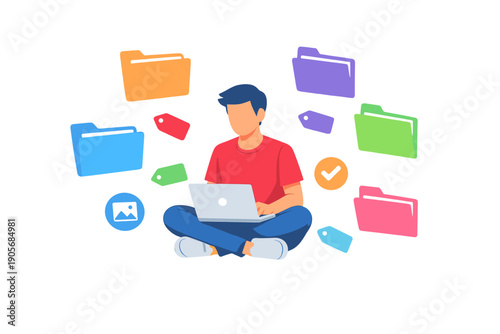 Person working on a laptop while organizing files and folders in a home office setting during the daytime