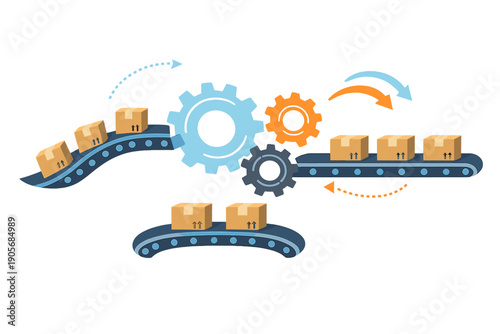 Conveyor belt system moves boxes in a warehouse setting during a busy day of operations with gears working to sort the packages efficiently