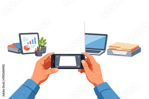 Hands holding a phone to take a picture of a laptop, documents, and office items on a desk in an indoor workspace during daytime
