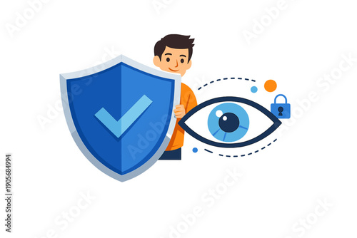 Person holds a shield while standing next to an eye symbol and a lock to represent security and protection in the digital world