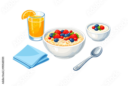 Healthy breakfast with oatmeal, yogurt, juice, and berries served on a table with napkins at morning time