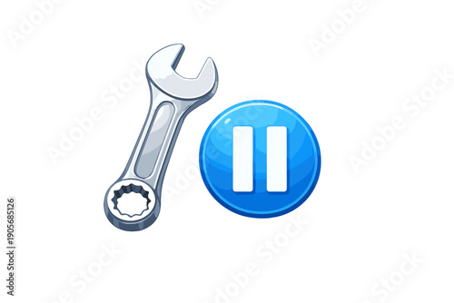 Icon representing a wrench and a pause button for indicating maintenance or service on a device or application