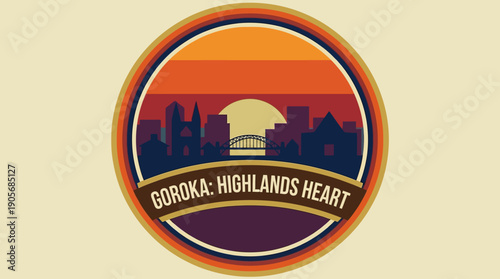 Goroka Highlands Heart, a Retro-Inspired Cityscape Emblem with a Vibrant Sunset and Vintage Color Palette Evoking Nostalgia and a Sense of Place