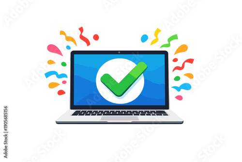 Celebration of completion shown on a laptop screen with a check mark and colorful confetti in a digital background