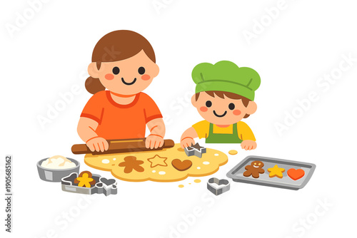 Two people making cookies in a kitchen with dough, cookie cutters, and a baking tray during a fun cooking activity