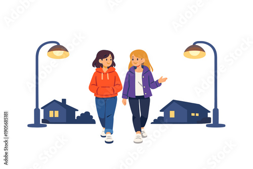 Two friends are walking down a street at night near houses with lights on and street lamps in a quiet neighborhood