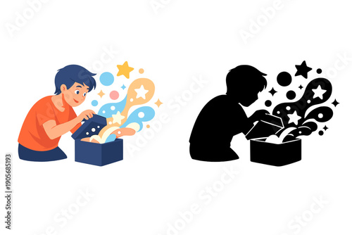 Child explores a box with colorful magic lights that shine bright in a playful space during a fun activity at home or school