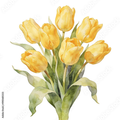 Yellow tulip bouquet watercolor painting, vintage floral botanical illustration art