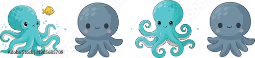 Cute cartoon octopus characters collection with colorful smiling sea creatures kids vector illustration set