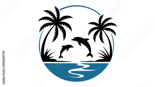 Tropical scene featuring silhouettes of dolphins jumping within a circular frame.
